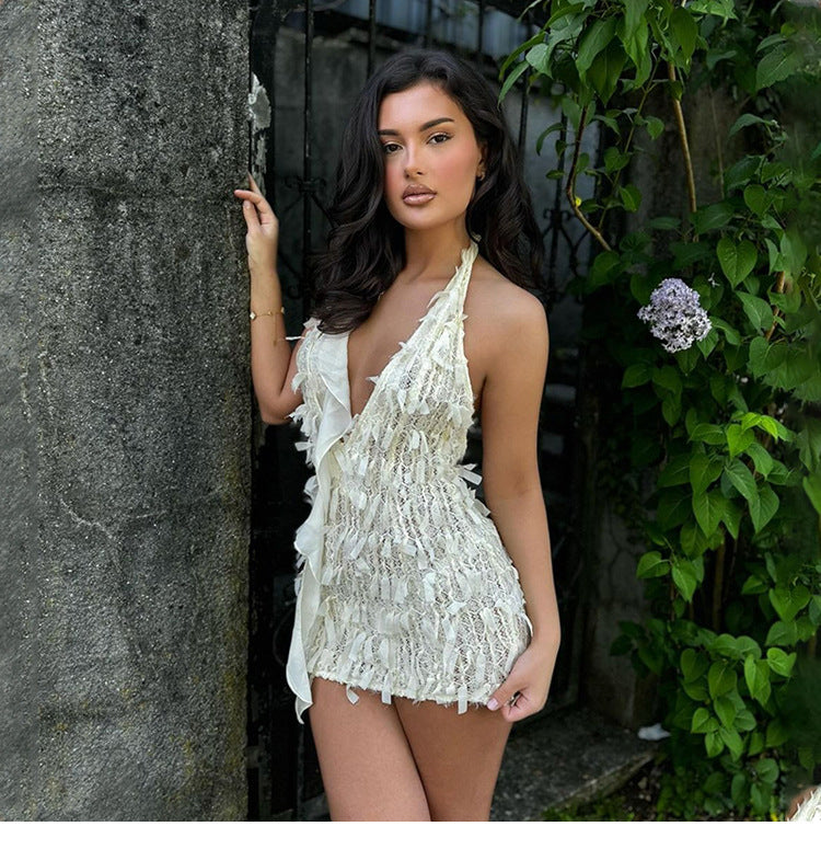 Women Clothing Summer Sexy Halter Lace Up V Neck Backless Slim Fit Sheath Dress Bella Mia